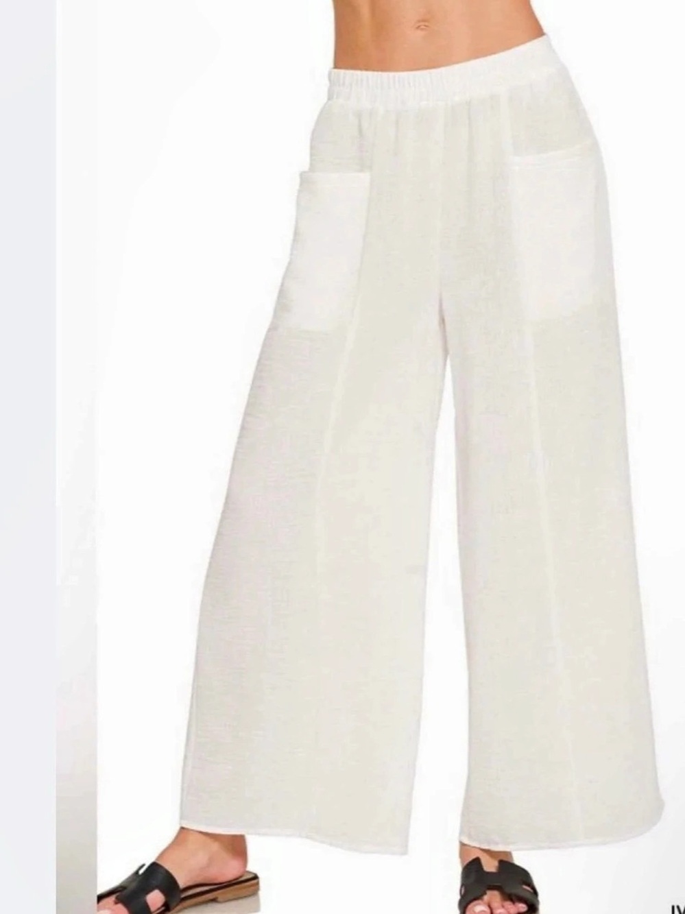 Zenana Washed Double Gauze Elastic Band Waist Pants White, nwot, sz L